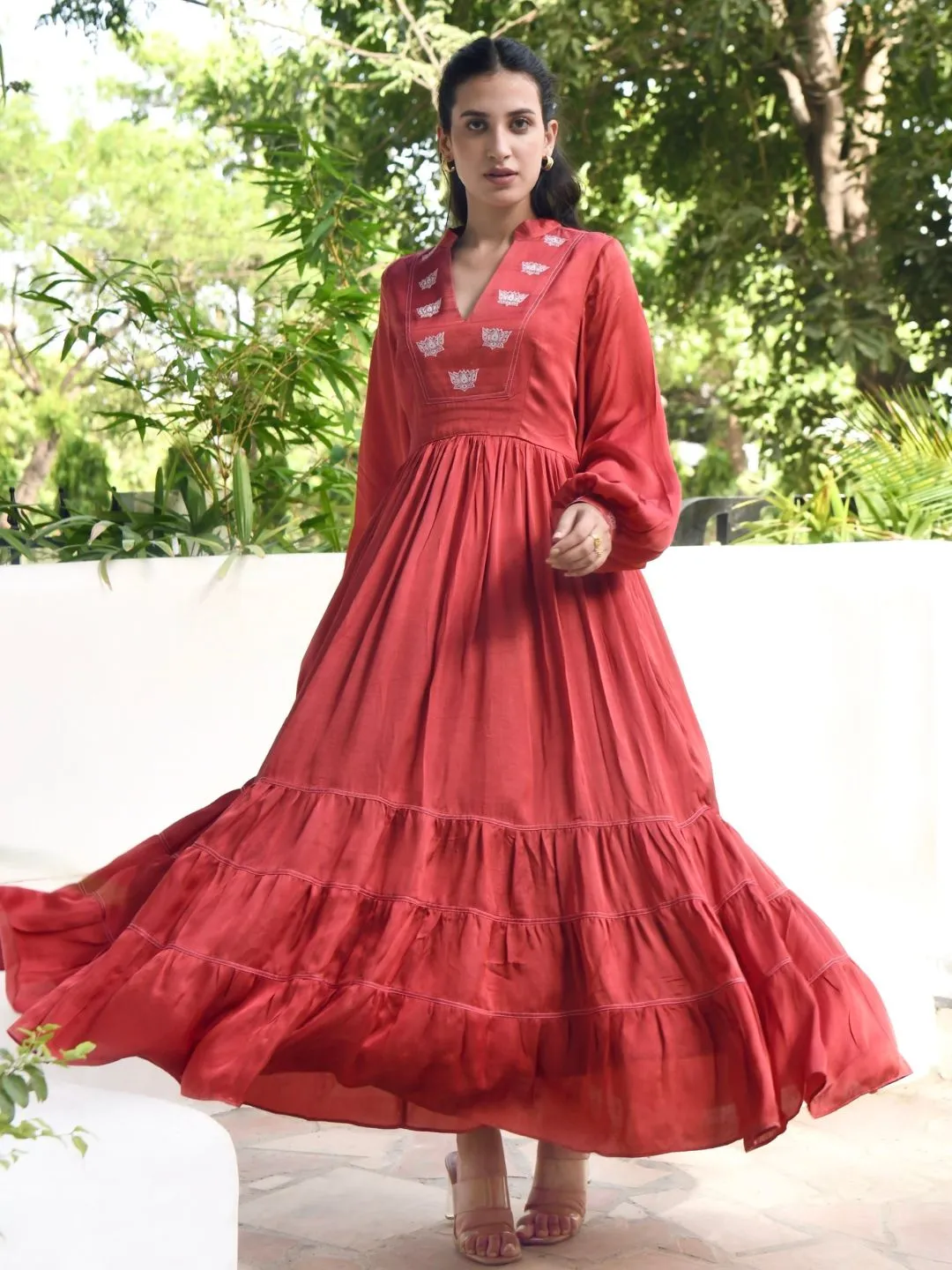 Persian Red Plunge Neck Pleated Dress