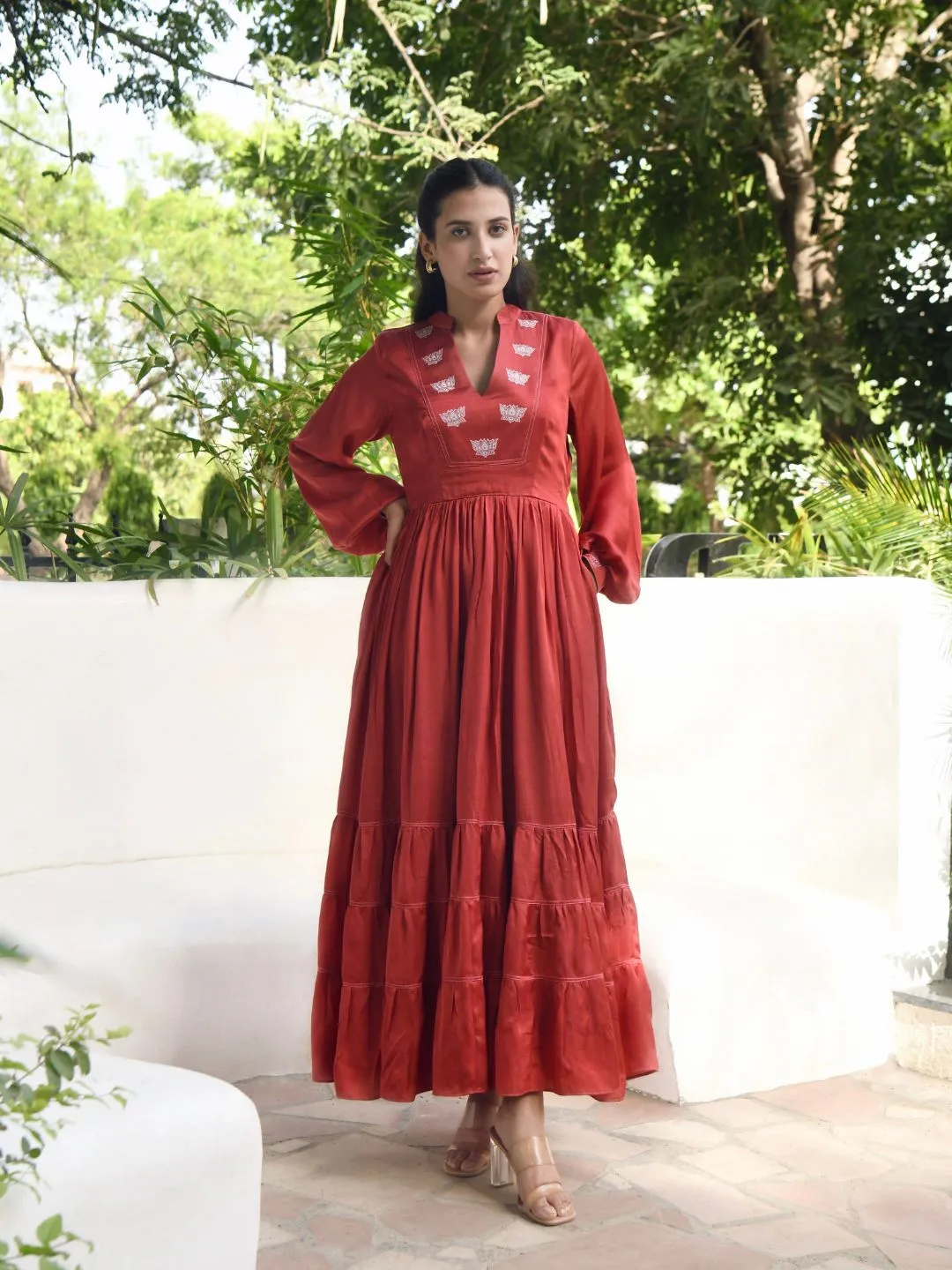 Persian Red Plunge Neck Pleated Dress