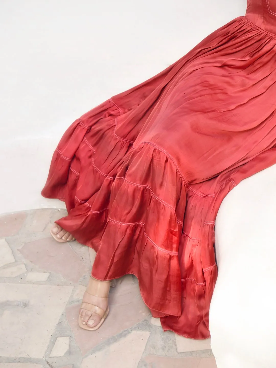 Persian Red Plunge Neck Pleated Dress