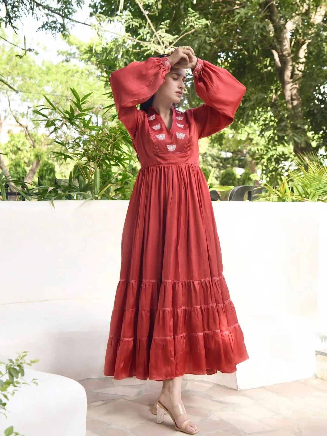 Persian Red Plunge Neck Pleated Dress