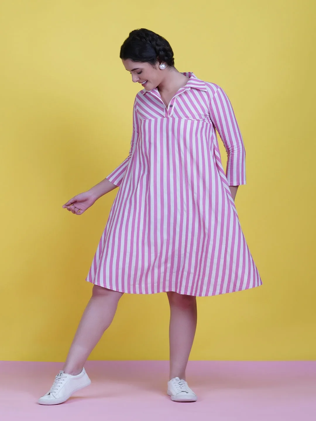 Pink & White Stripe Cotton Circular Dress