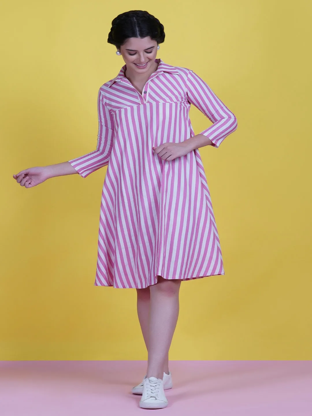 Pink & White Stripe Cotton Circular Dress