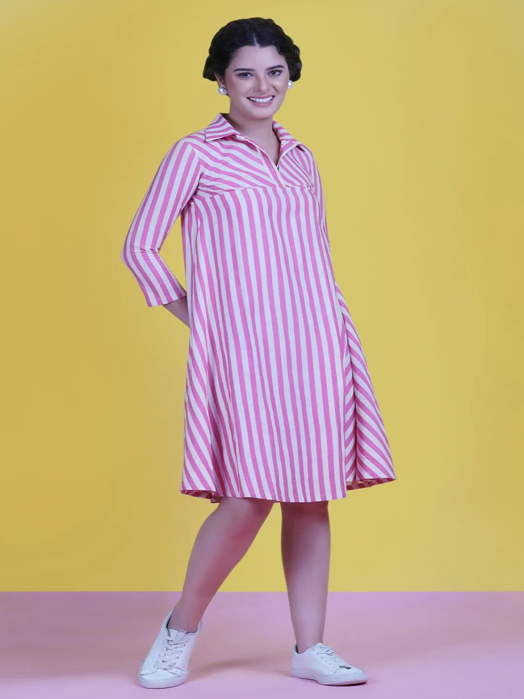 Pink & White Stripe Cotton Circular Dress