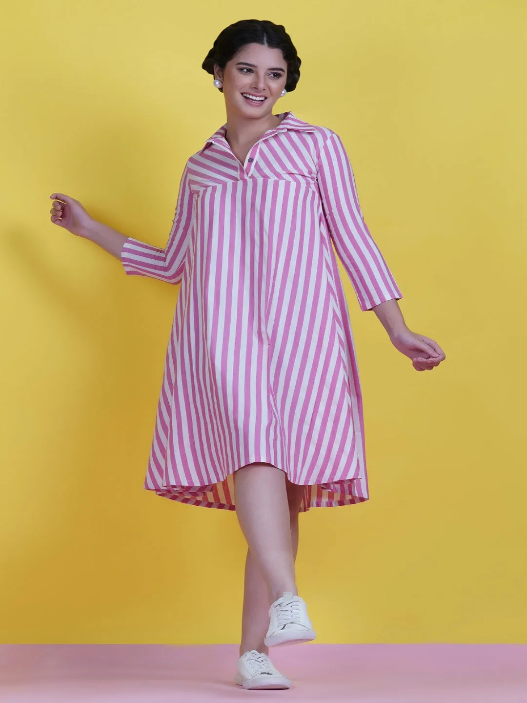 Pink & White Stripe Cotton Circular Dress