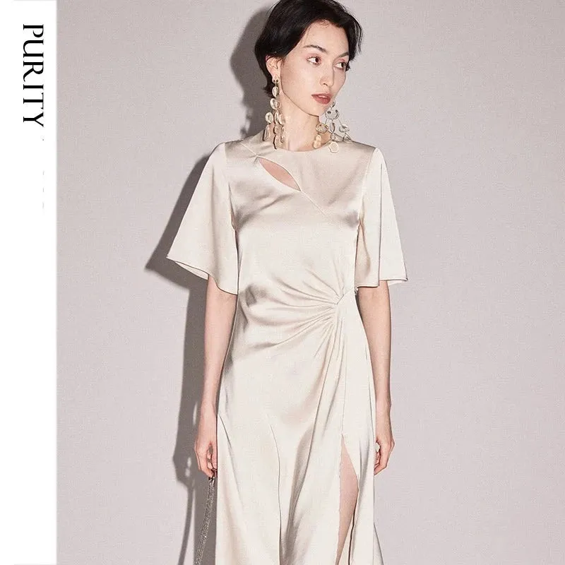 PURITY high end crewneck cutout satin dress