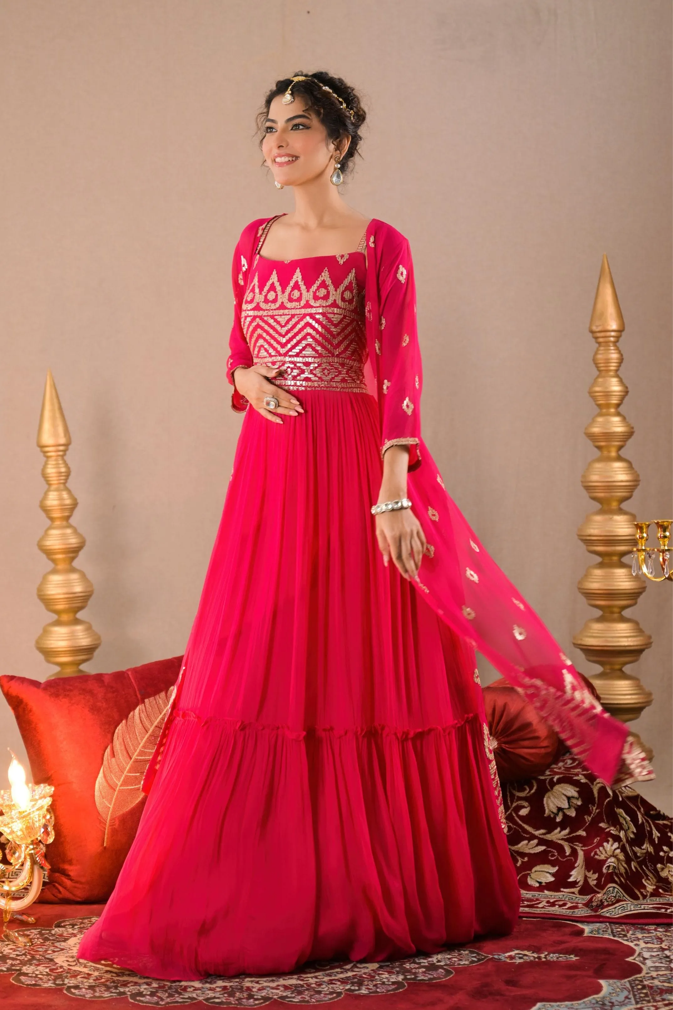 Rani Pink Sequin Embroidered Georgette Silk Cape Gown