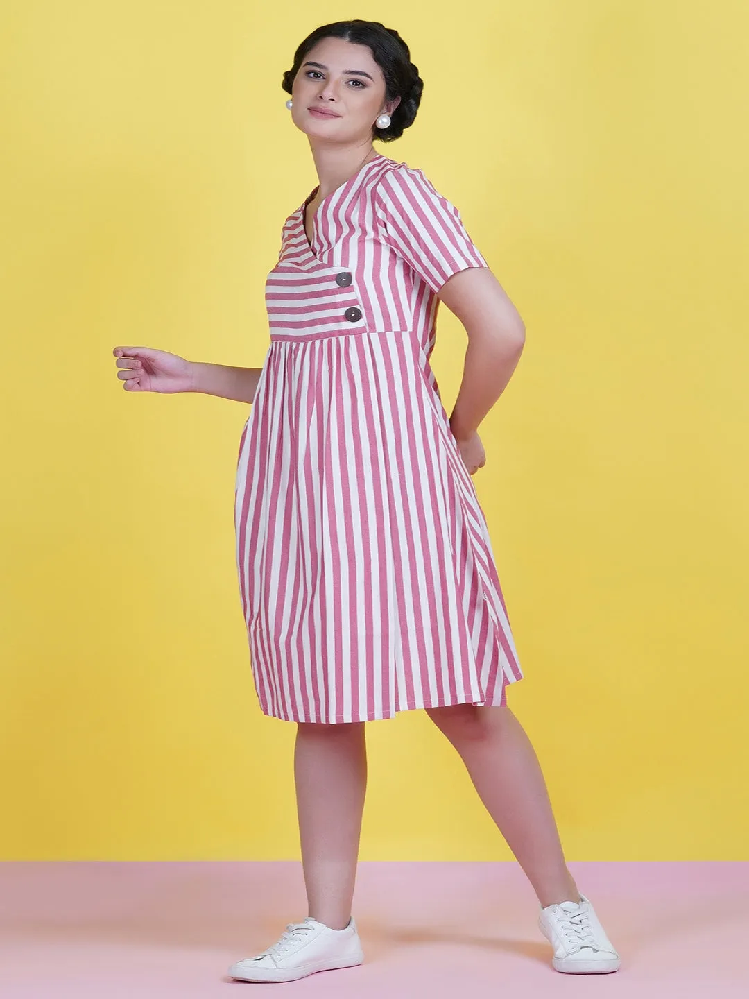 Red Stripe Cotton Dress With A Buttoned Yoke