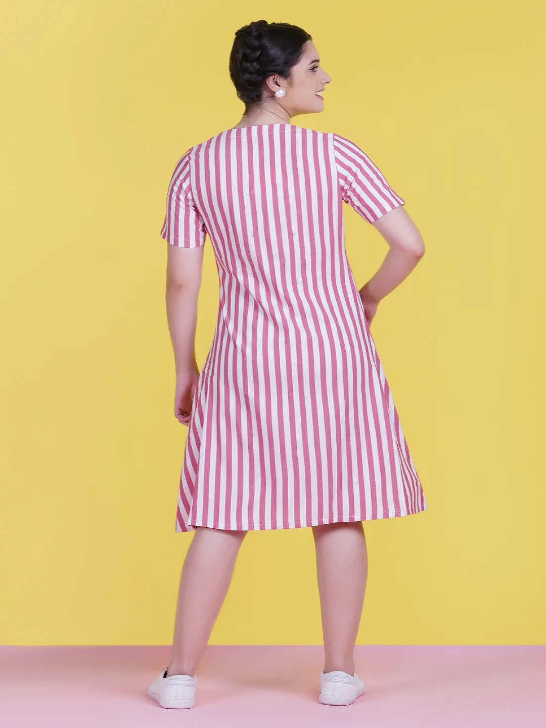 Red Stripe Cotton Dress With A Buttoned Yoke