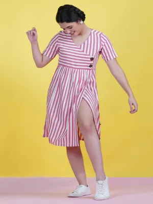 Red Stripe Cotton Dress With A Buttoned Yoke