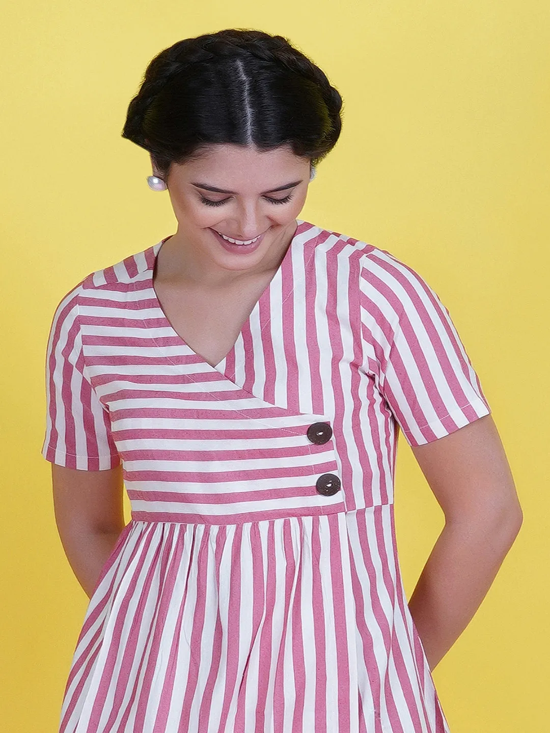 Red Stripe Cotton Dress With A Buttoned Yoke