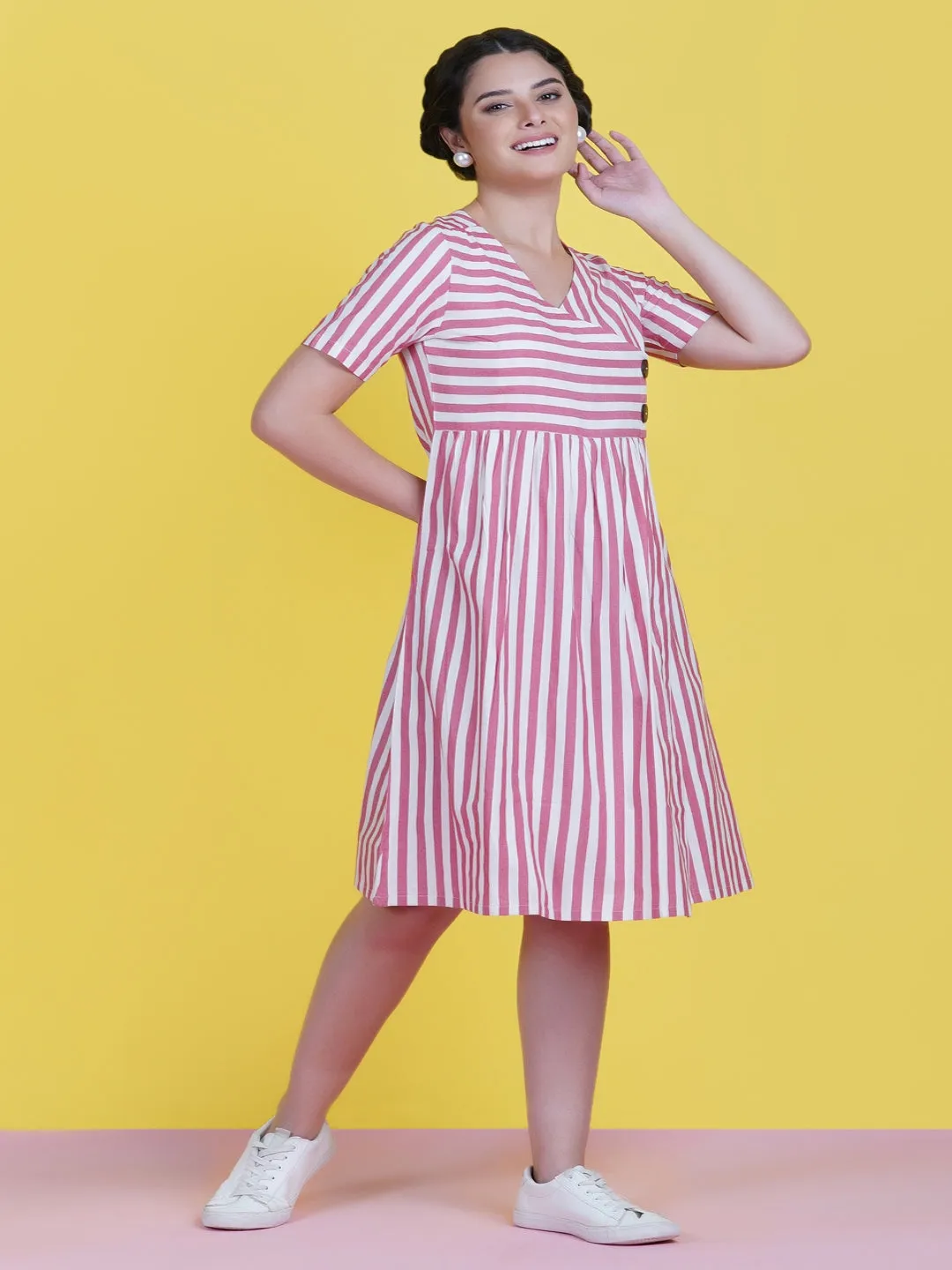 Red Stripe Cotton Dress With A Buttoned Yoke