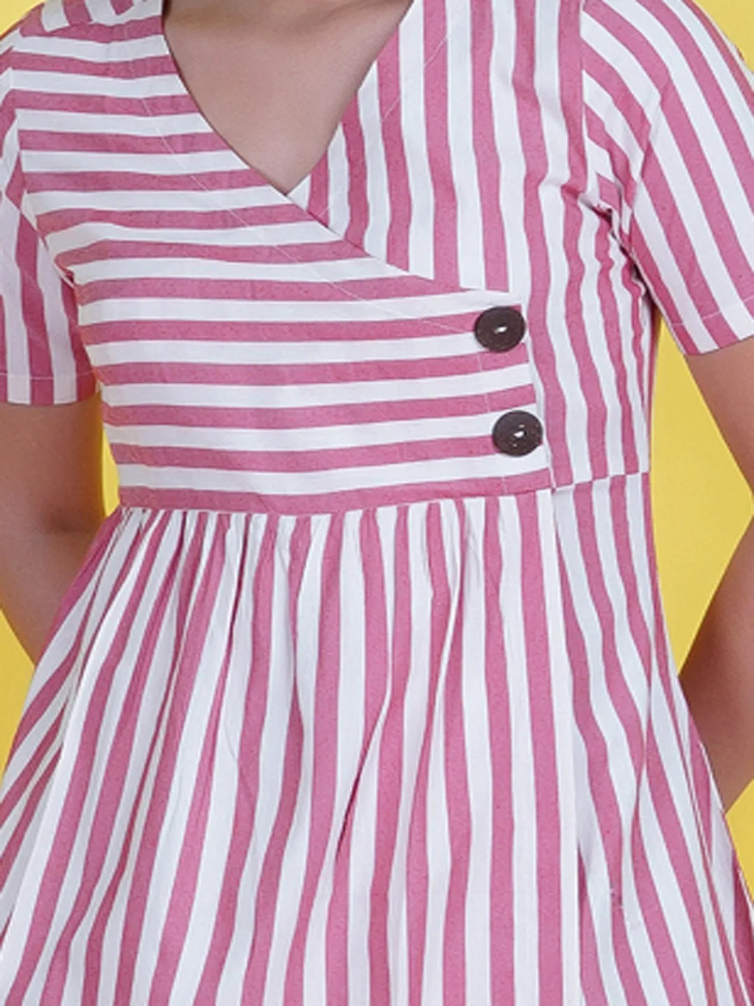 Red Stripe Cotton Dress With A Buttoned Yoke