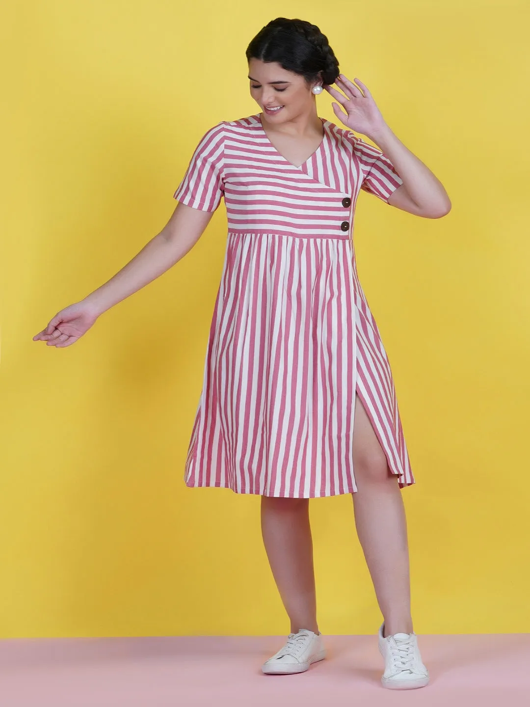 Red Stripe Cotton Dress With A Buttoned Yoke