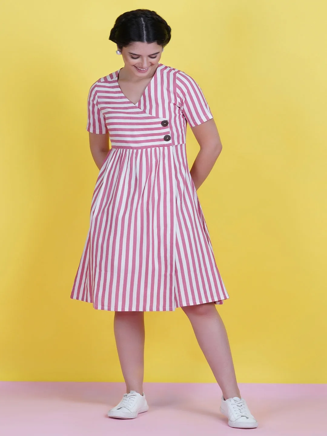 Red Stripe Cotton Dress With A Buttoned Yoke