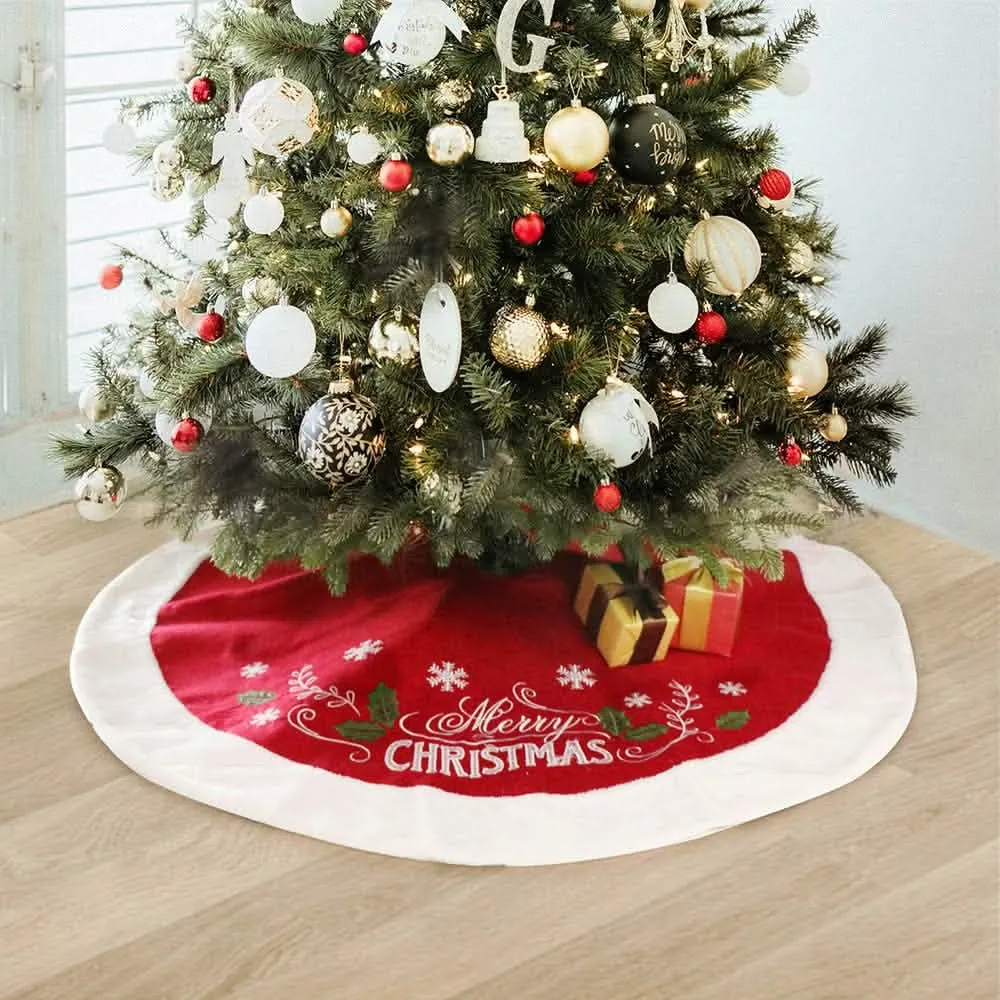 Rustic Red Leaf Flannel Christmas Tree Skirt - 120x120CM Cozy Holiday Accent