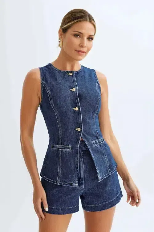 Savona – Longline sleeveless design – Denim vest set