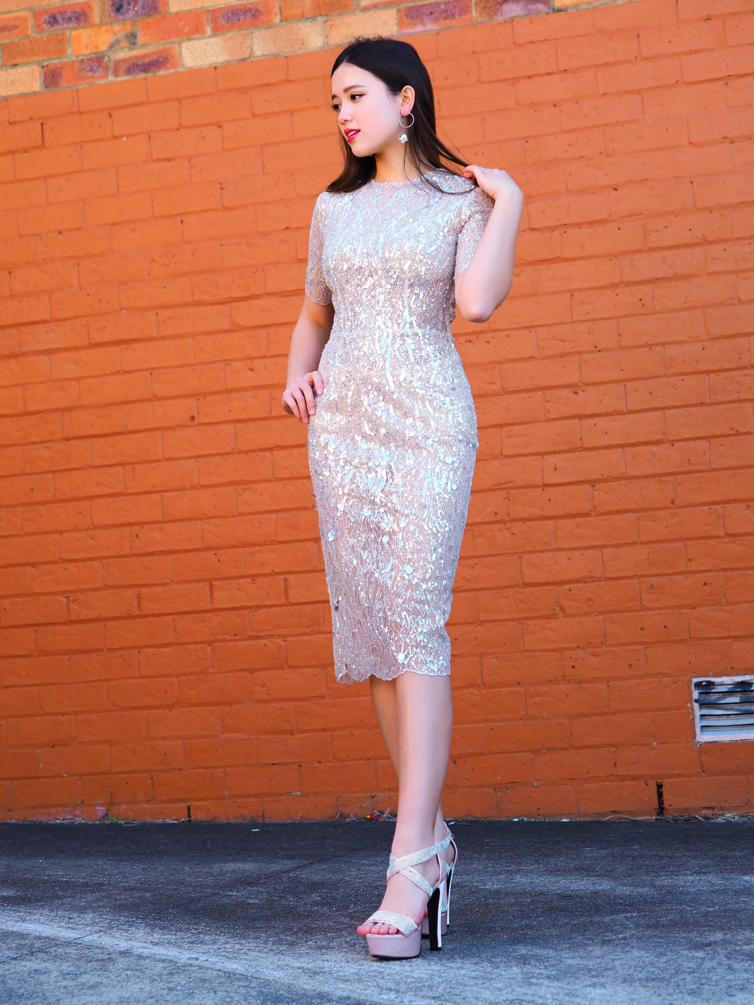 Silver beaded lace dress