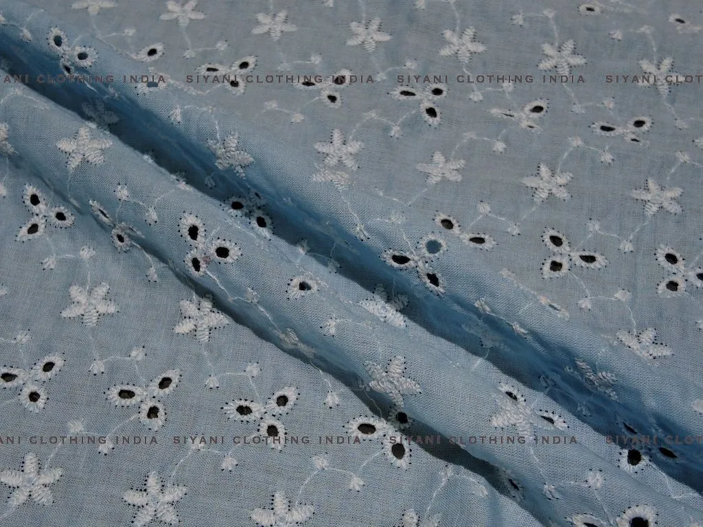 Sky Blue Floral Lacknavi Schiffli Embroidered Fabric