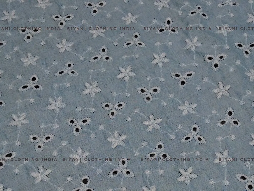 Sky Blue Floral Lacknavi Schiffli Embroidered Fabric