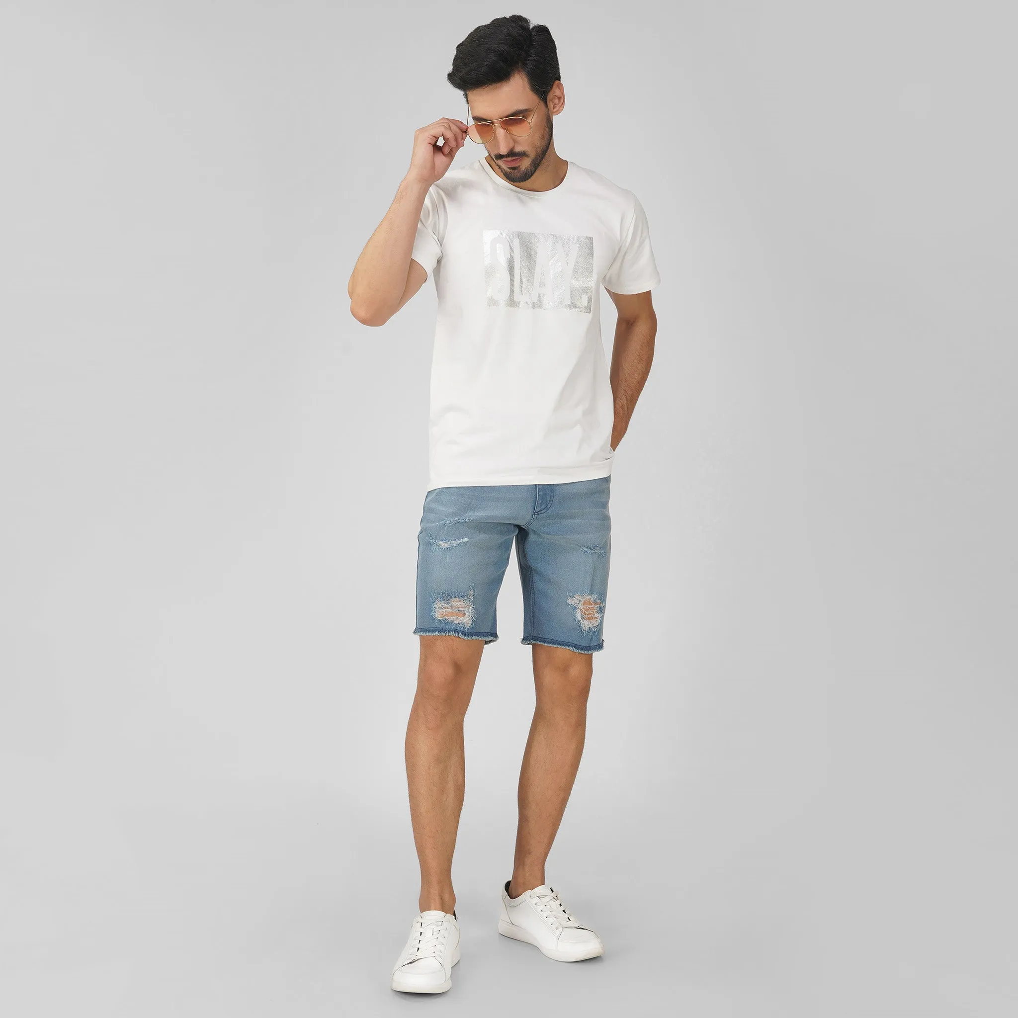 SLAY. Men's Enzyme Washed Ripped Denim Shorts