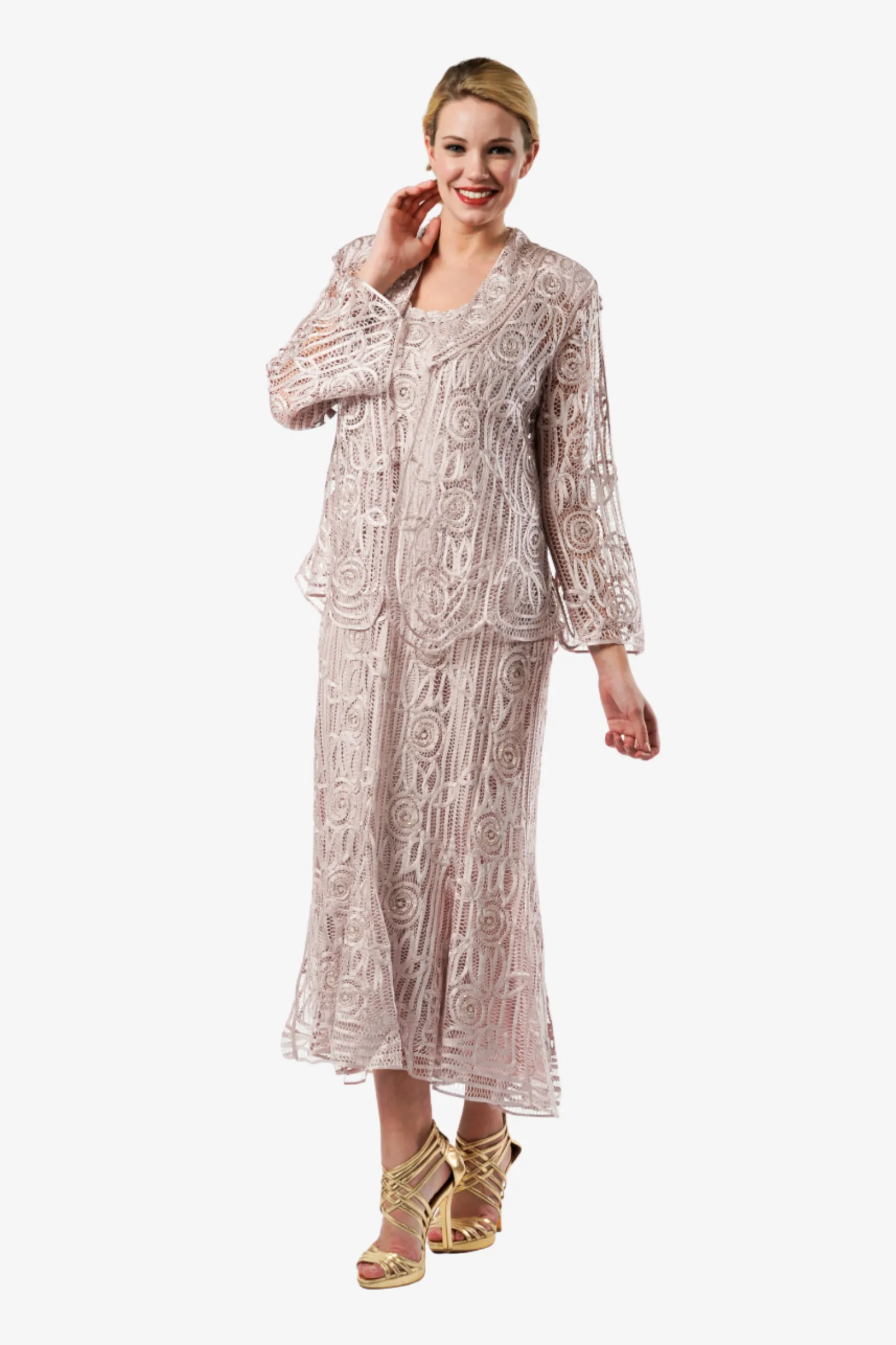 Soulmates C1068 Beaded Silk Lace Evening Jacket with Godet Dress Set