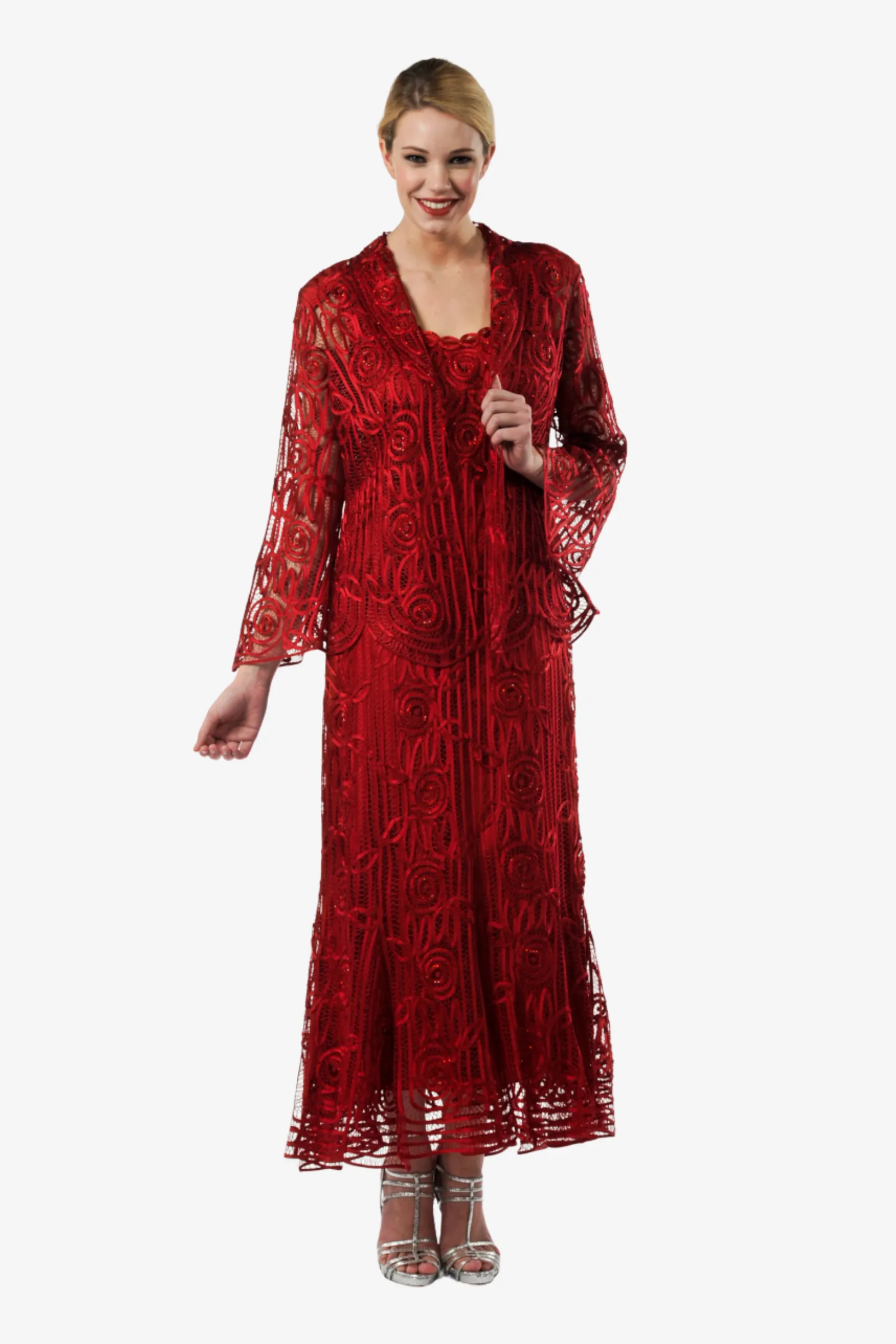 Soulmates C1068 Beaded Silk Lace Evening Jacket with Godet Dress Set