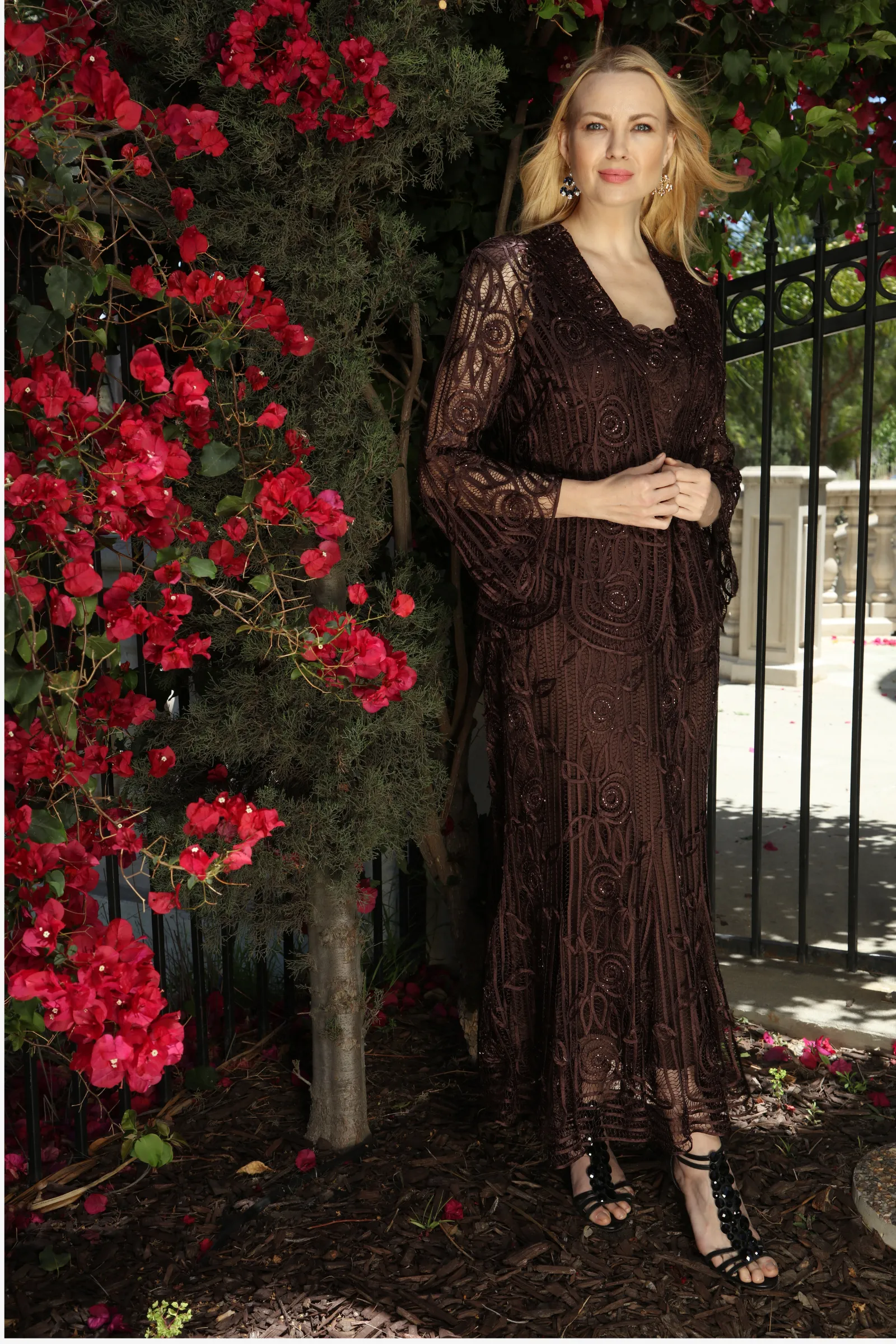 Soulmates C1068 Beaded Silk Lace Evening Jacket with Godet Dress Set