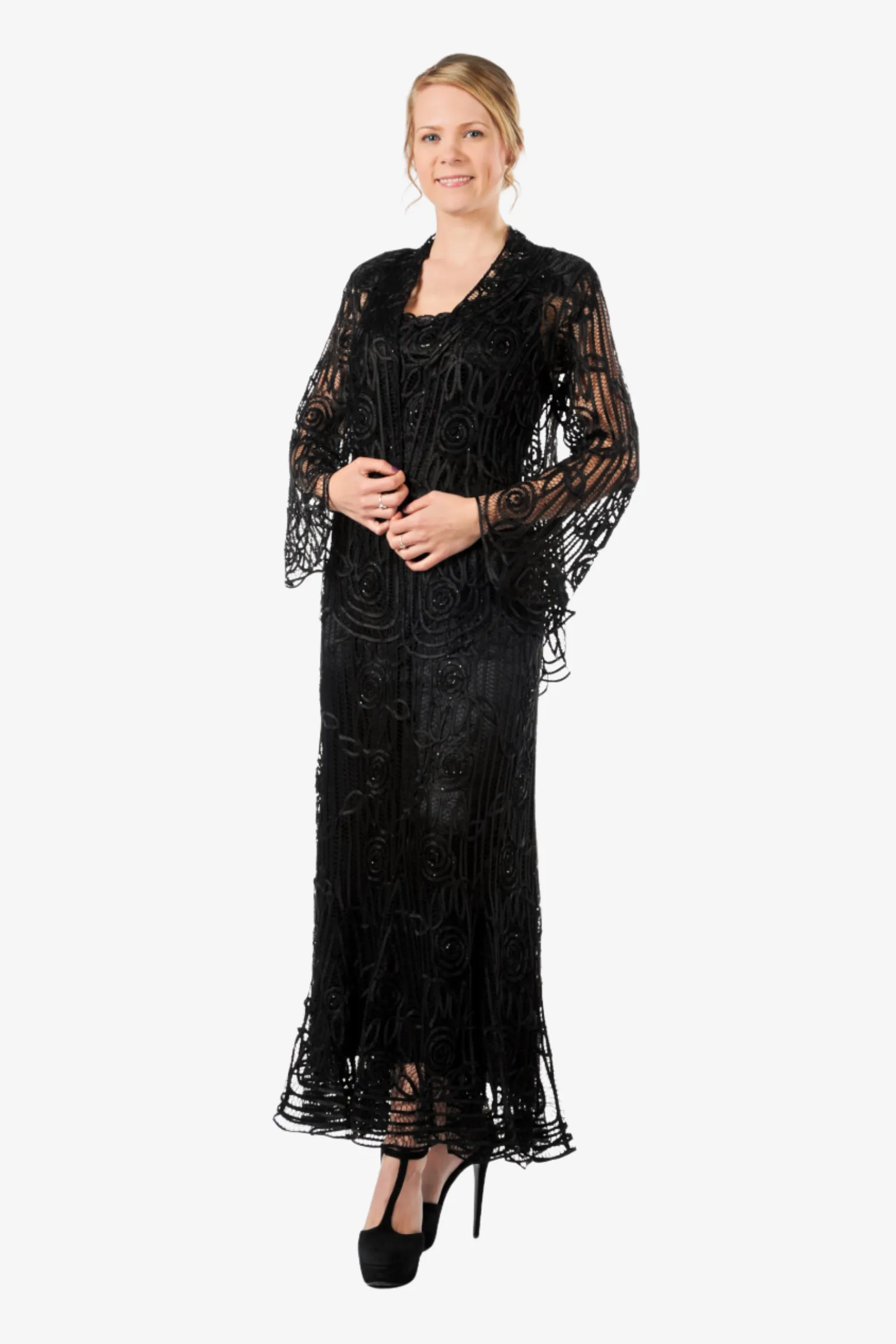 Soulmates C1068 Beaded Silk Lace Evening Jacket with Godet Dress Set