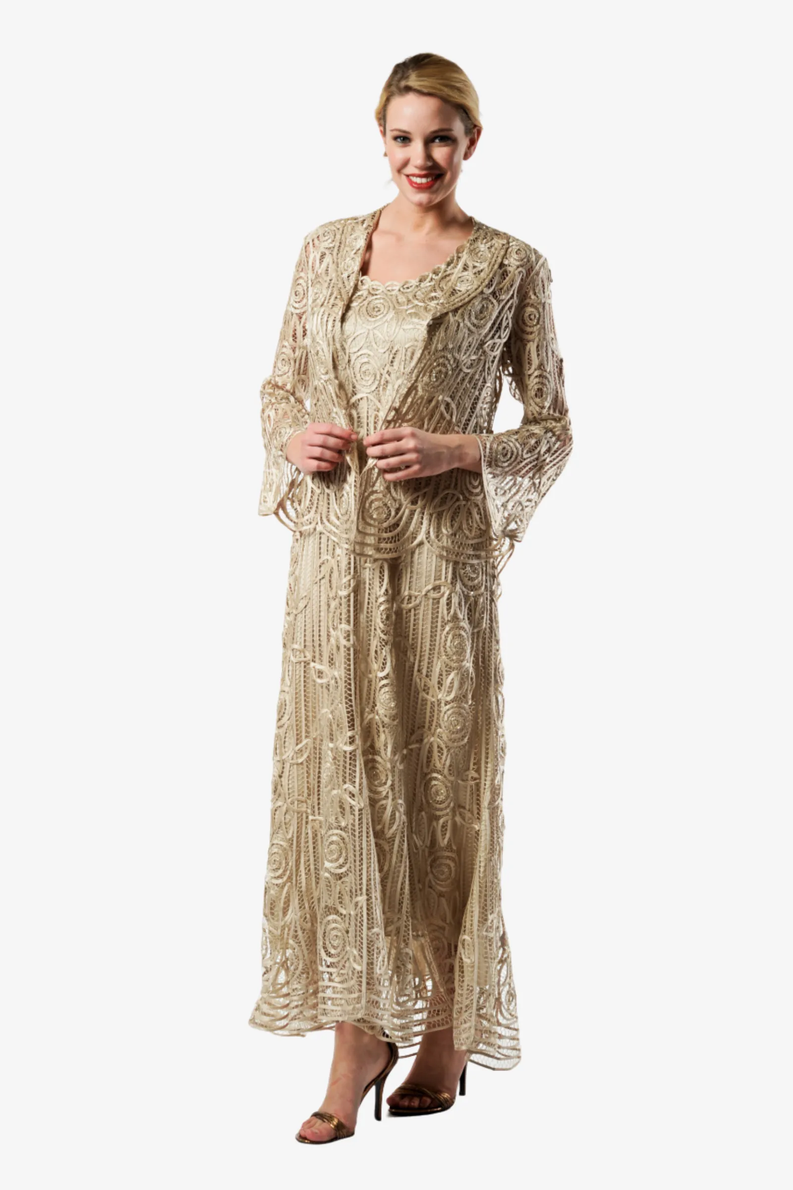 Soulmates C1068 Beaded Silk Lace Evening Jacket with Godet Dress Set