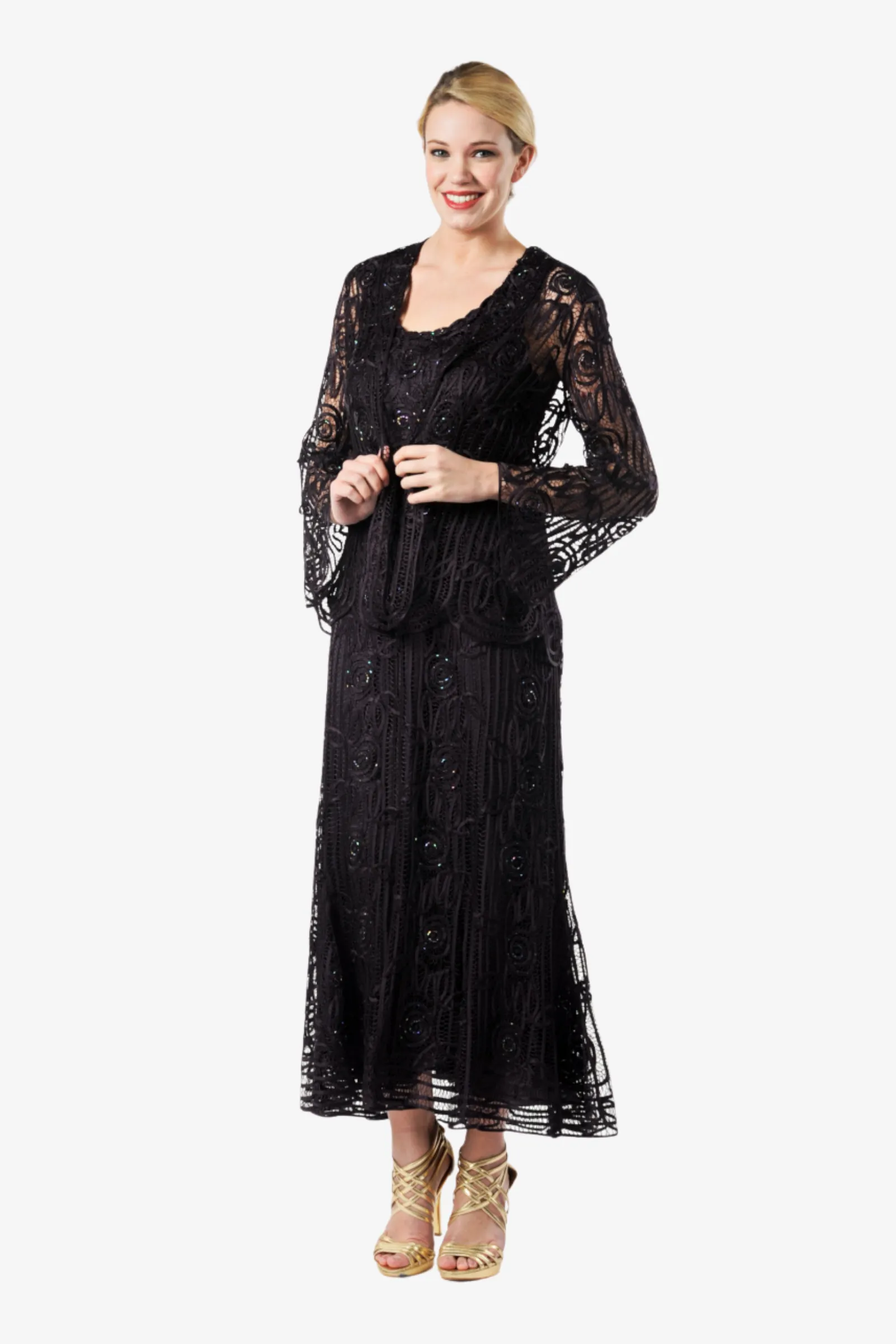 Soulmates C1068 Beaded Silk Lace Evening Jacket with Godet Dress Set