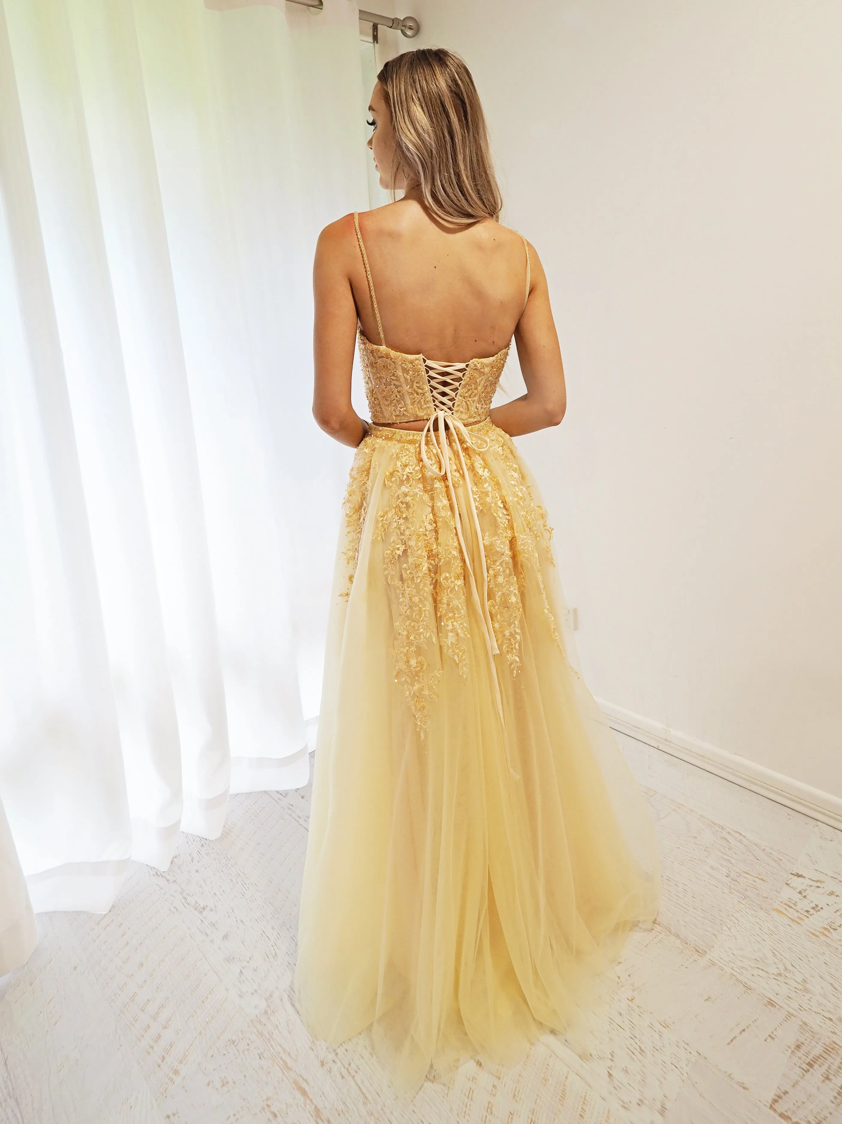 Sparkling Gold Lace Pattern Tulle Two Piece.