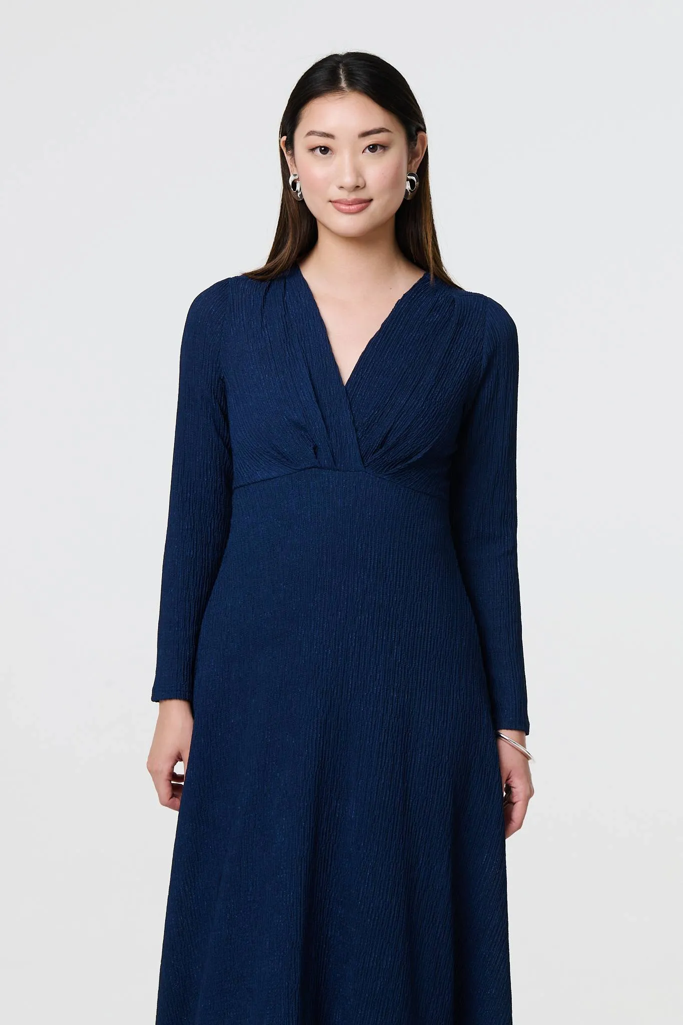 Textured Ruched Long Sleeve Midi Dress