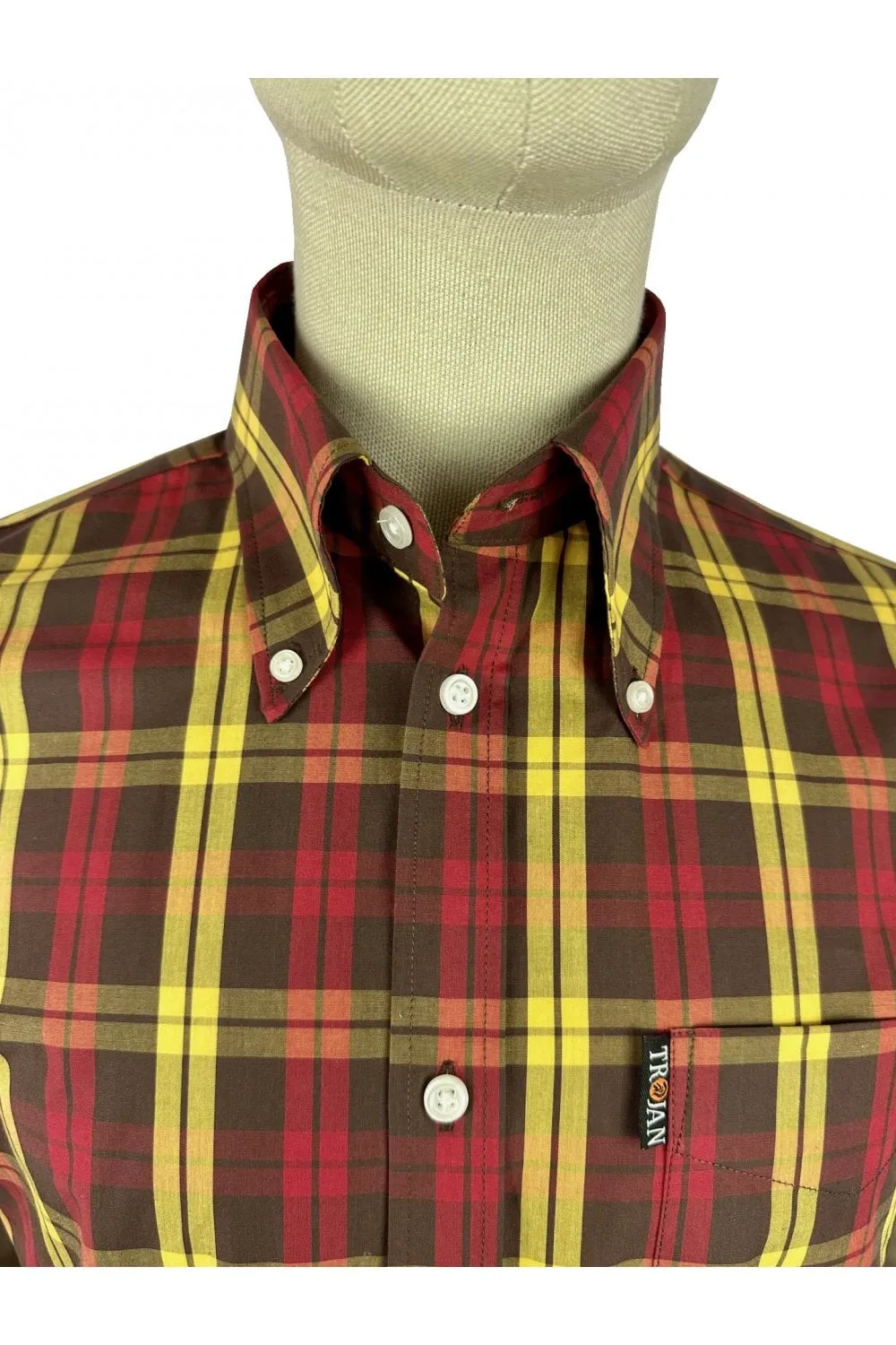 Trojan Check SS Shirt With Free Matching Pocket Square TC/1034 Chocolate - 143