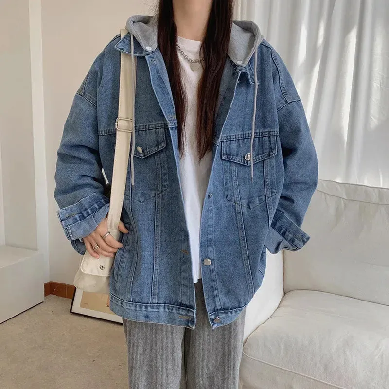 Two-piece Illusion Hooded Denim Jacket Women's Loose Fit Design Sensibility Versatile Detachable Top Other Short Outerwear