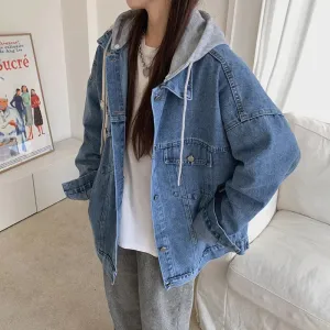 Two-piece Illusion Hooded Denim Jacket Women's Loose Fit Design Sensibility Versatile Detachable Top Other Short Outerwear