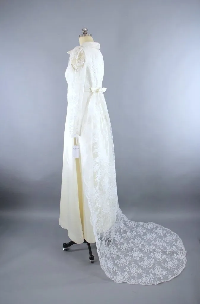 Vintage 1960s Lace and Satin Bridal Gown with Veil