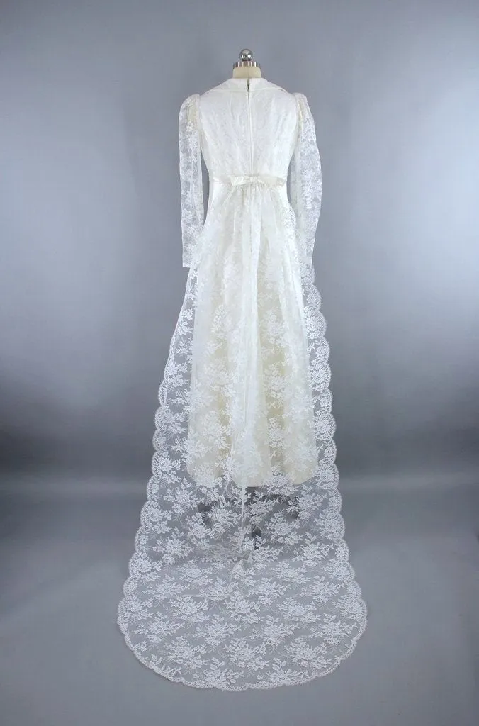 Vintage 1960s Lace and Satin Bridal Gown with Veil