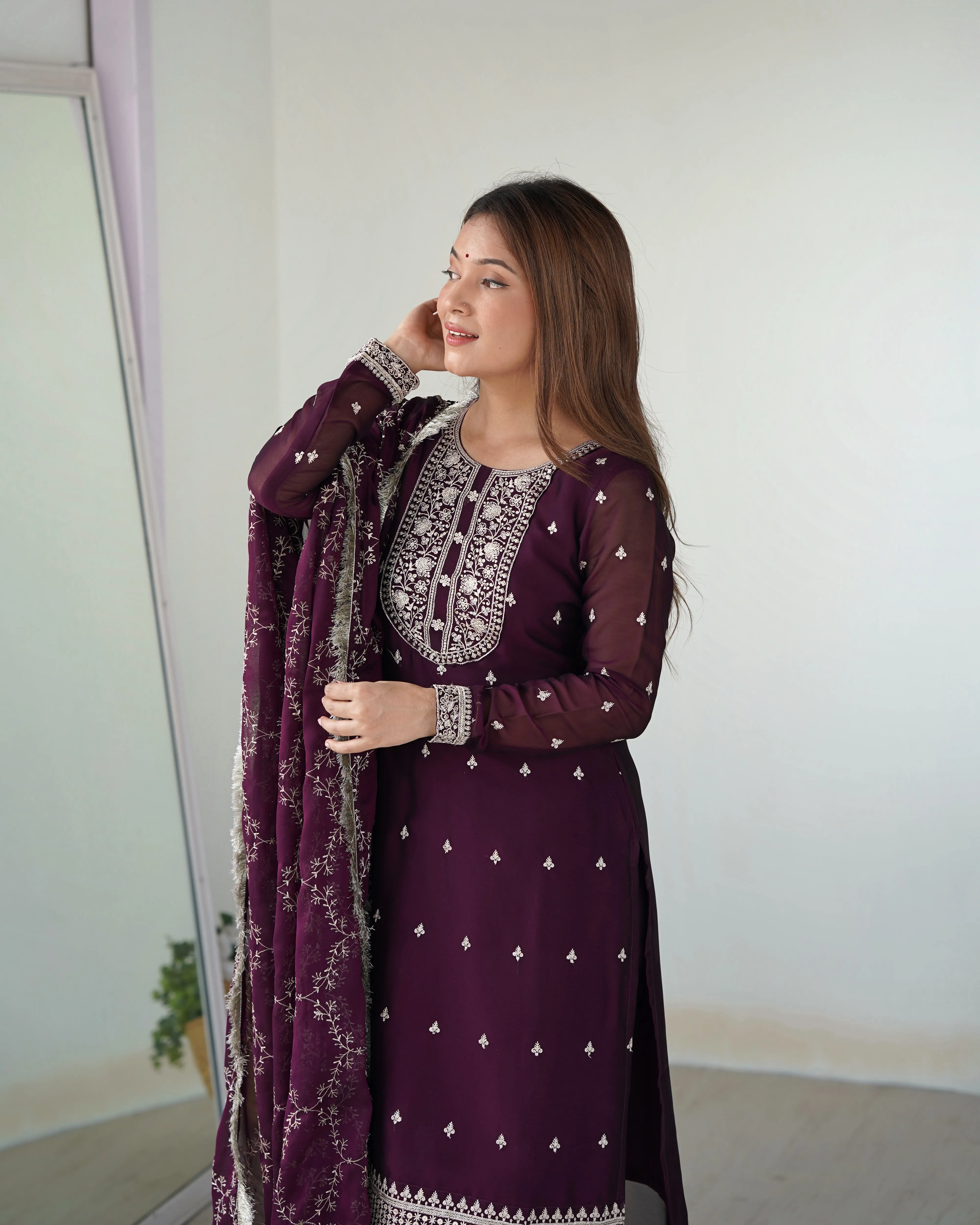 Whimsical Wine Silk Sequined Embroidered Salwar Kameez