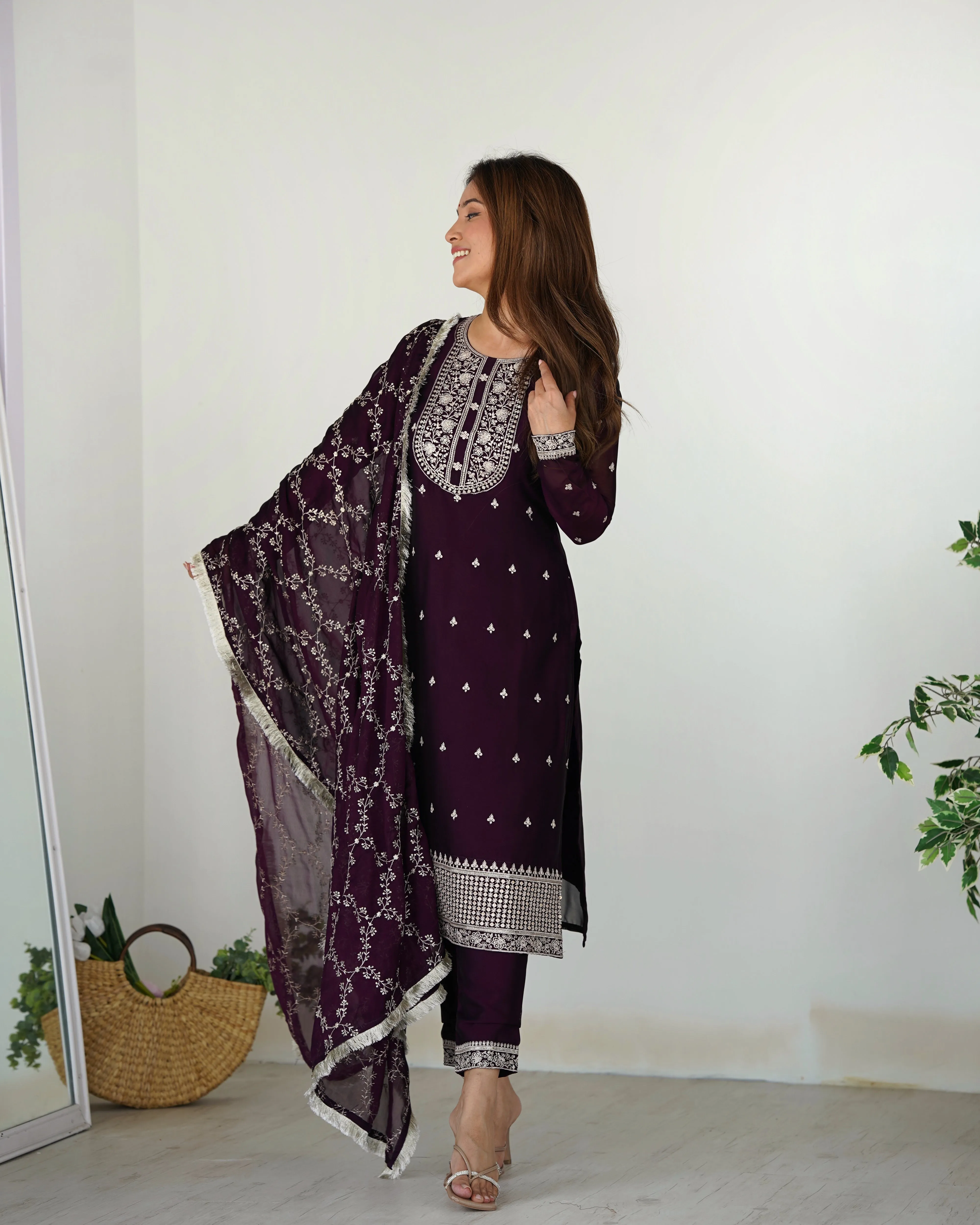 Whimsical Wine Silk Sequined Embroidered Salwar Kameez