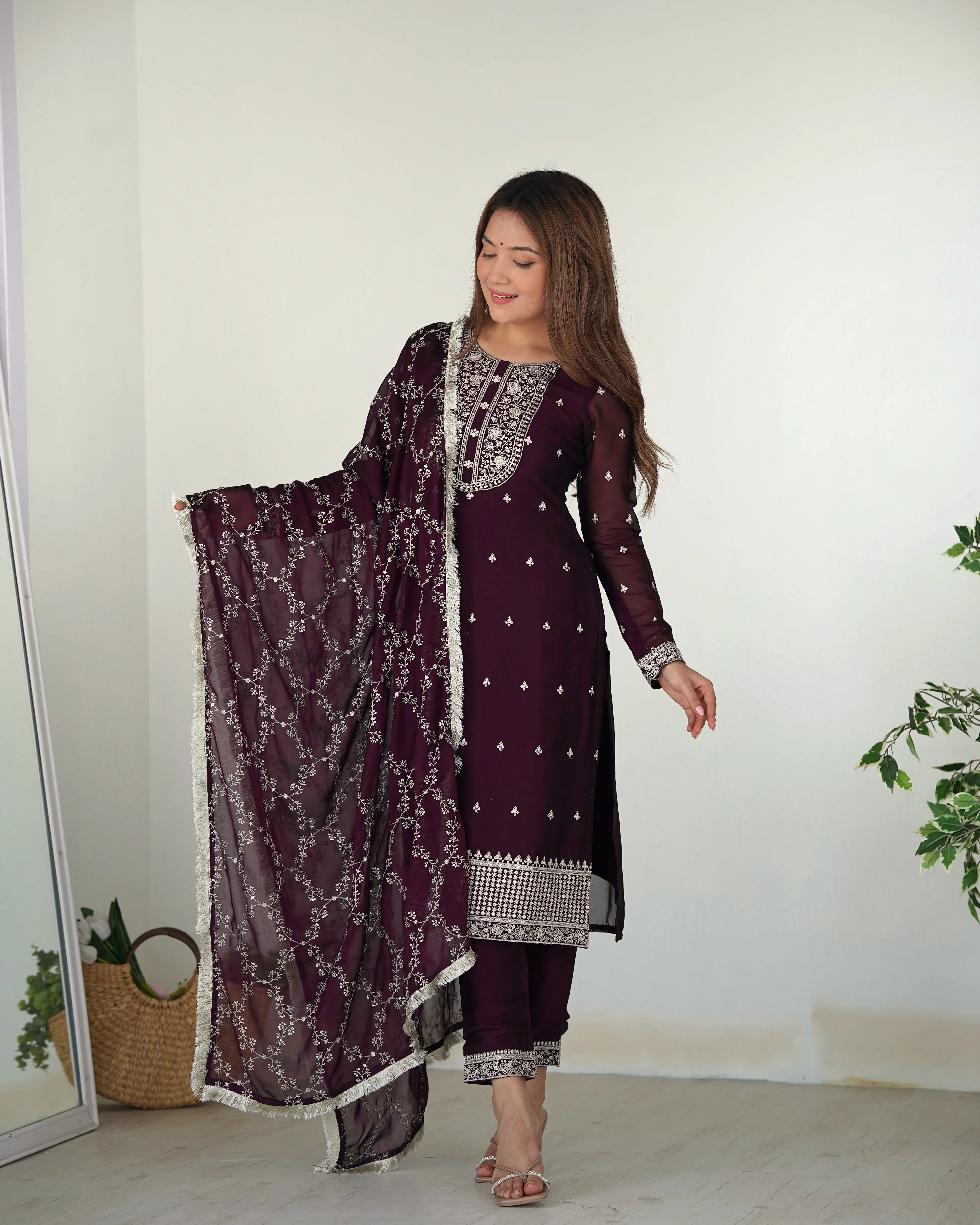 Whimsical Wine Silk Sequined Embroidered Salwar Kameez