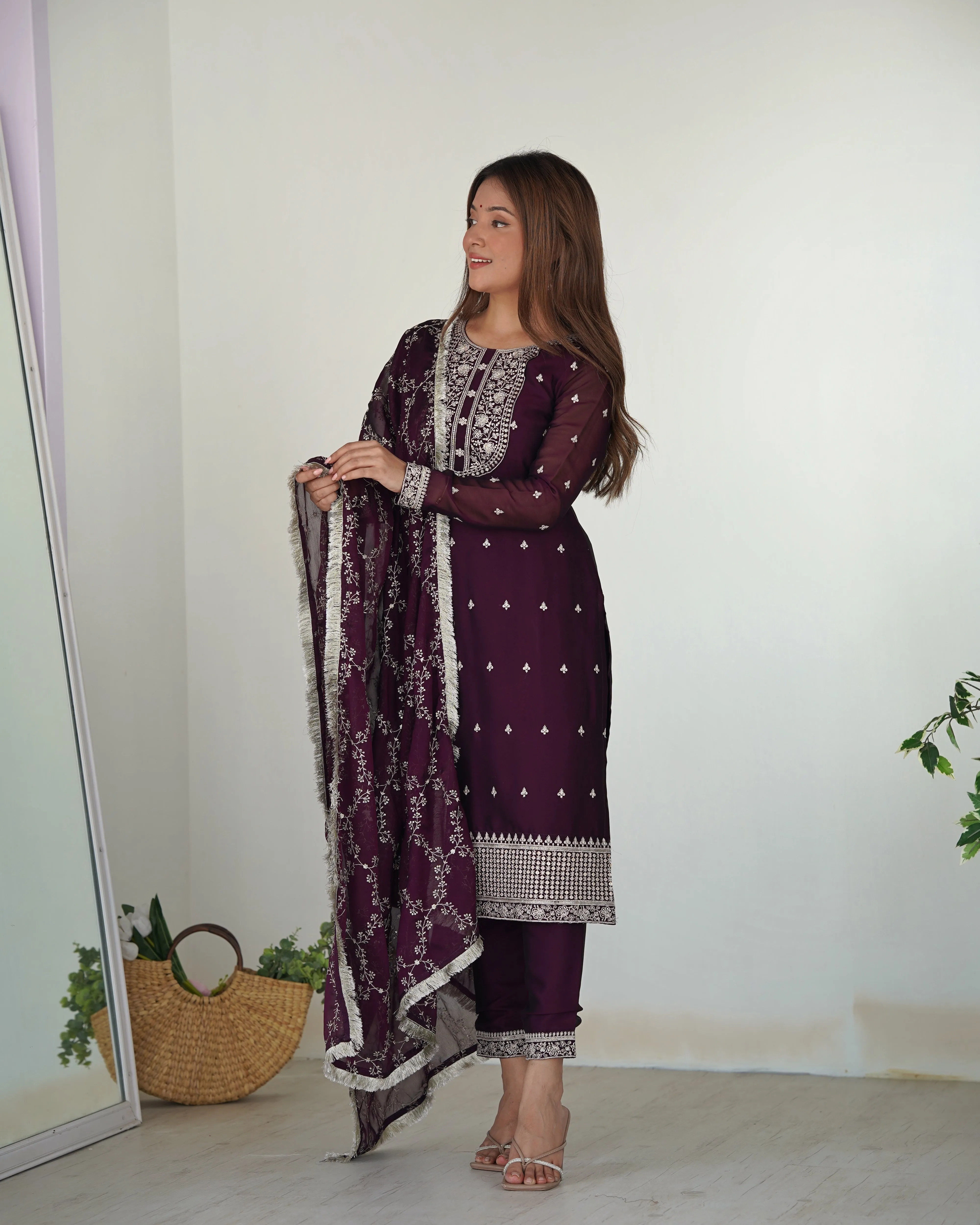 Whimsical Wine Silk Sequined Embroidered Salwar Kameez