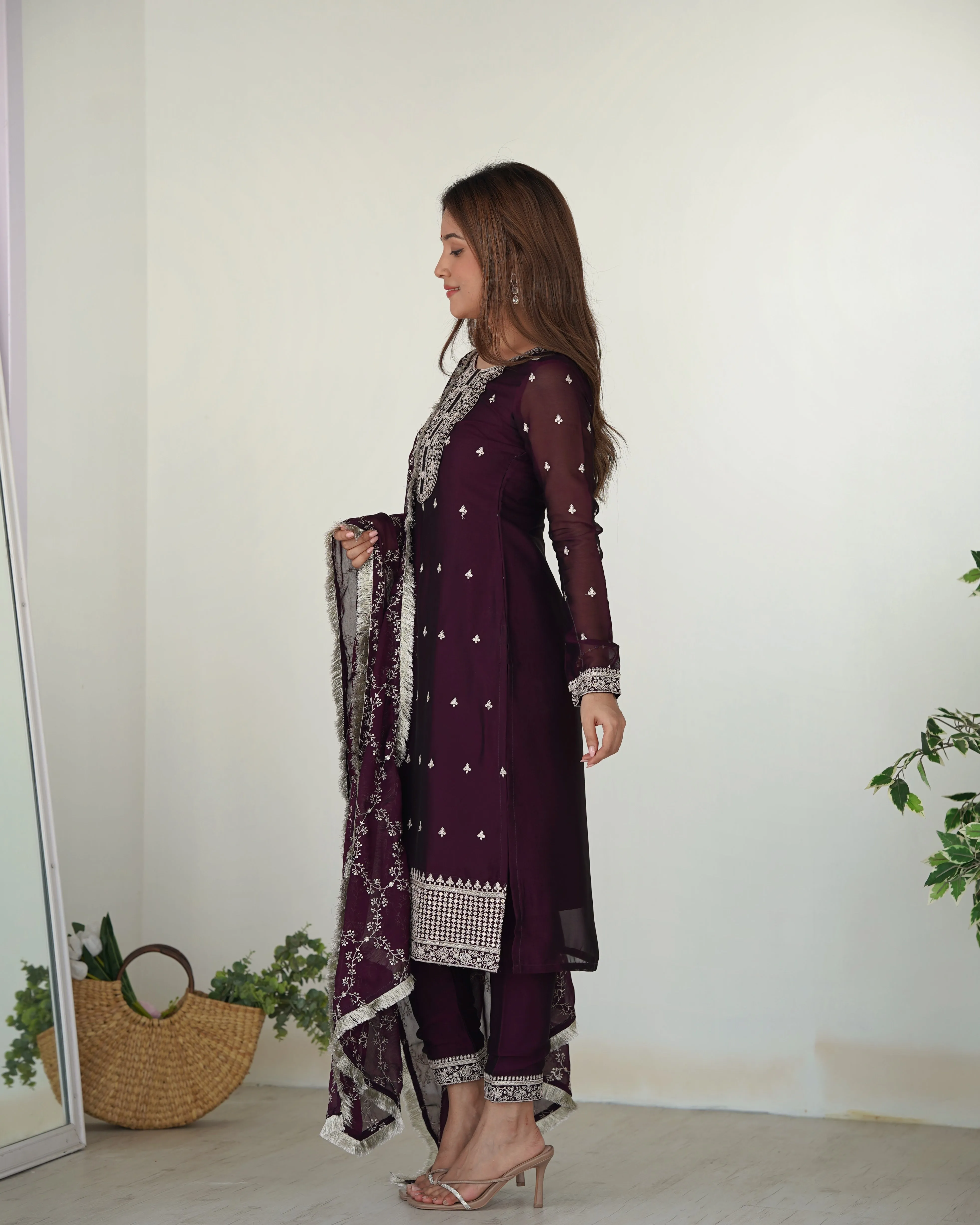 Whimsical Wine Silk Sequined Embroidered Salwar Kameez