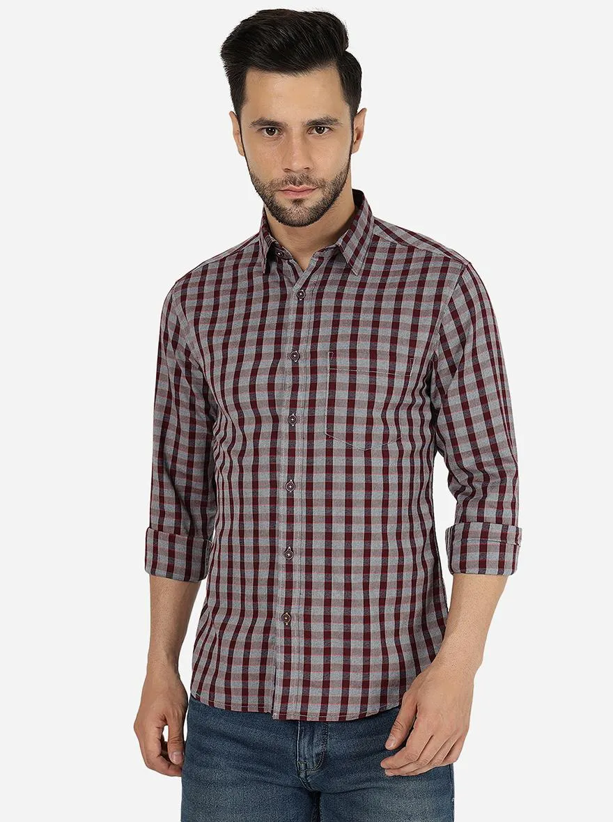 Wine Checked Slim Fit Casual Shirt | Greenfibre