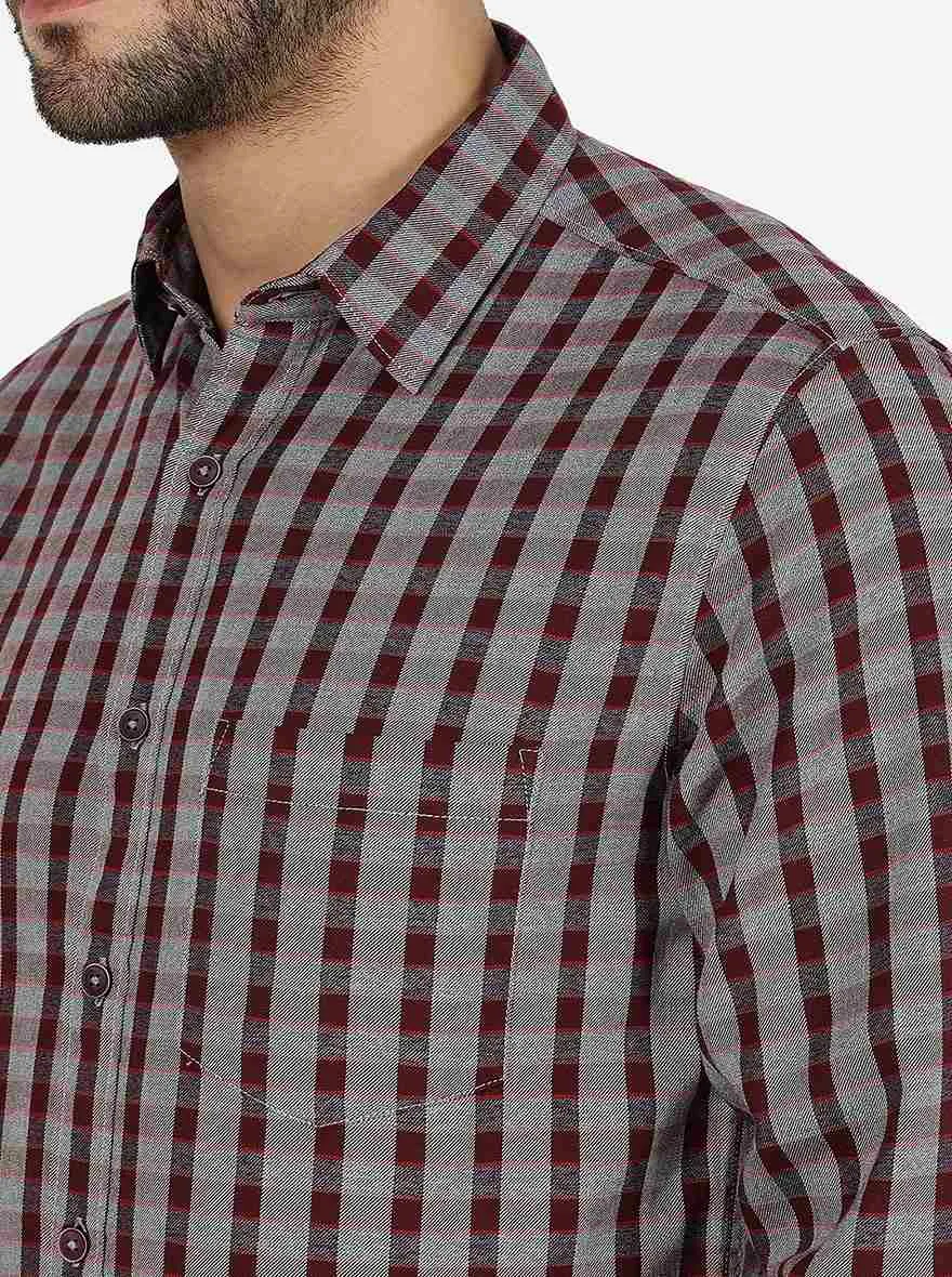 Wine Checked Slim Fit Casual Shirt | Greenfibre