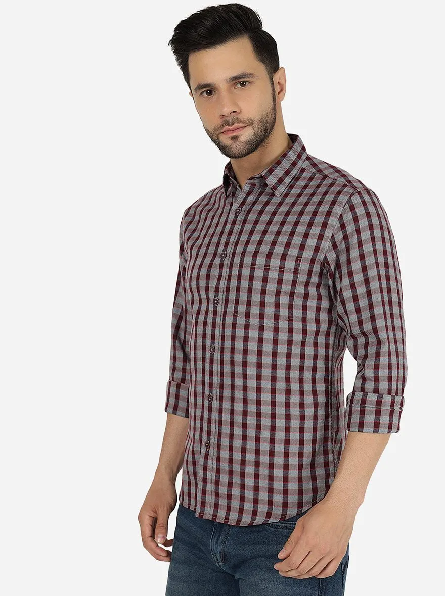 Wine Checked Slim Fit Casual Shirt | Greenfibre