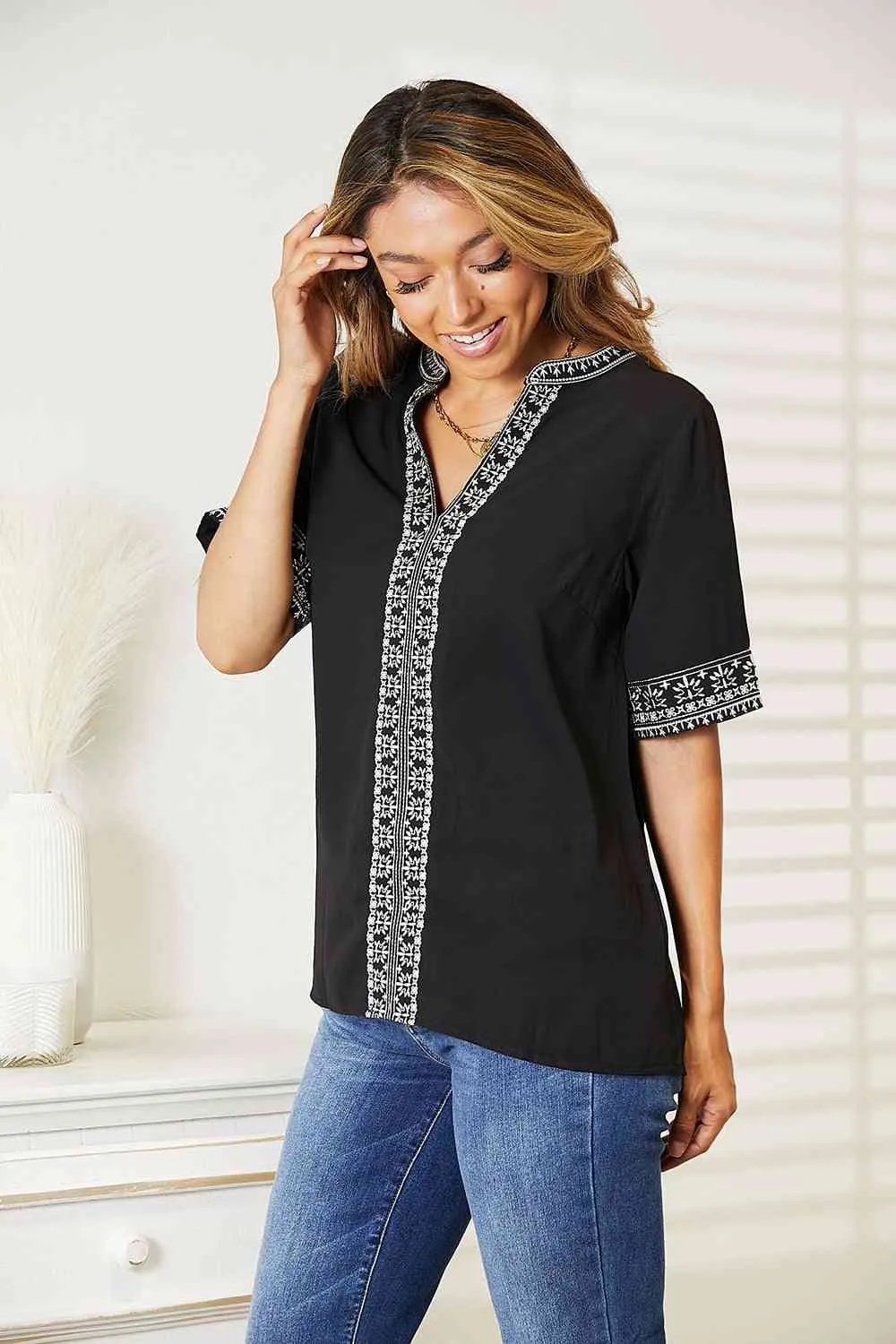 Women's Double Take Embroidered Notched Neck Top