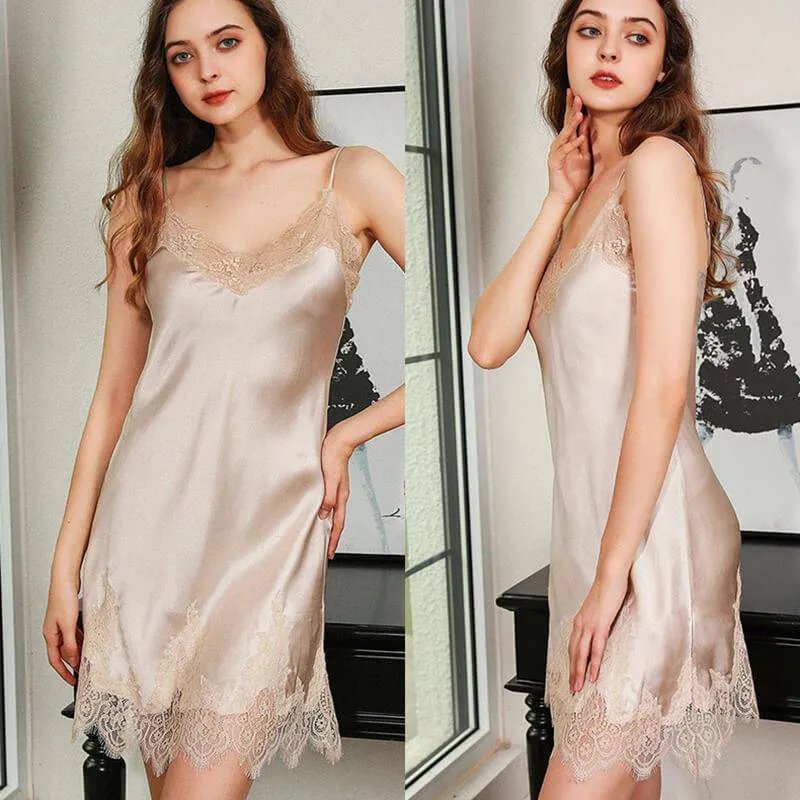 Womens Sexy V Neck Silk Nightgown Elegant Lace Silk Slips