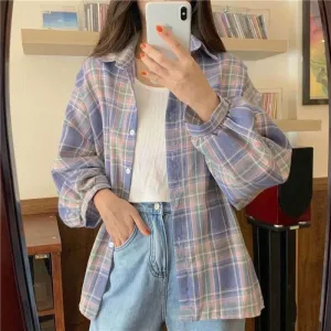 Yeknu Korean Style Plaid Shirts Women Long Sleeve Cardigan Vintage Pink Purple Checked School Blouse Fashion Oversize New