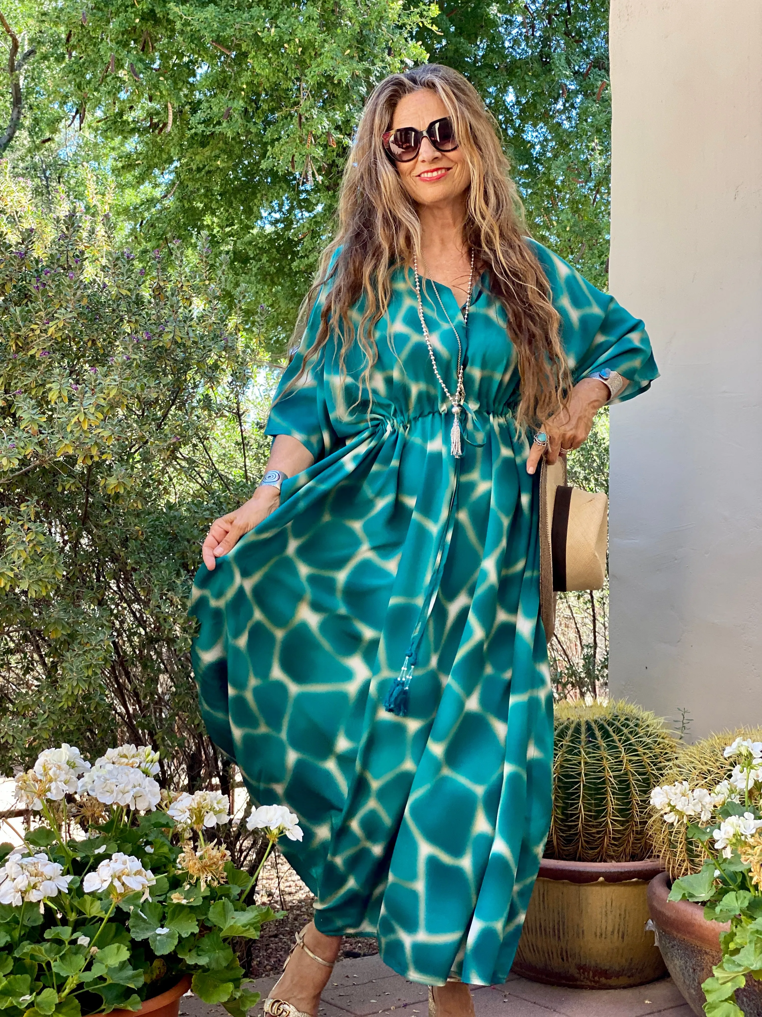 ZIRAFA GIRAFFA TEAL ITALIAN SILK MAXI KAFTAN DRESS