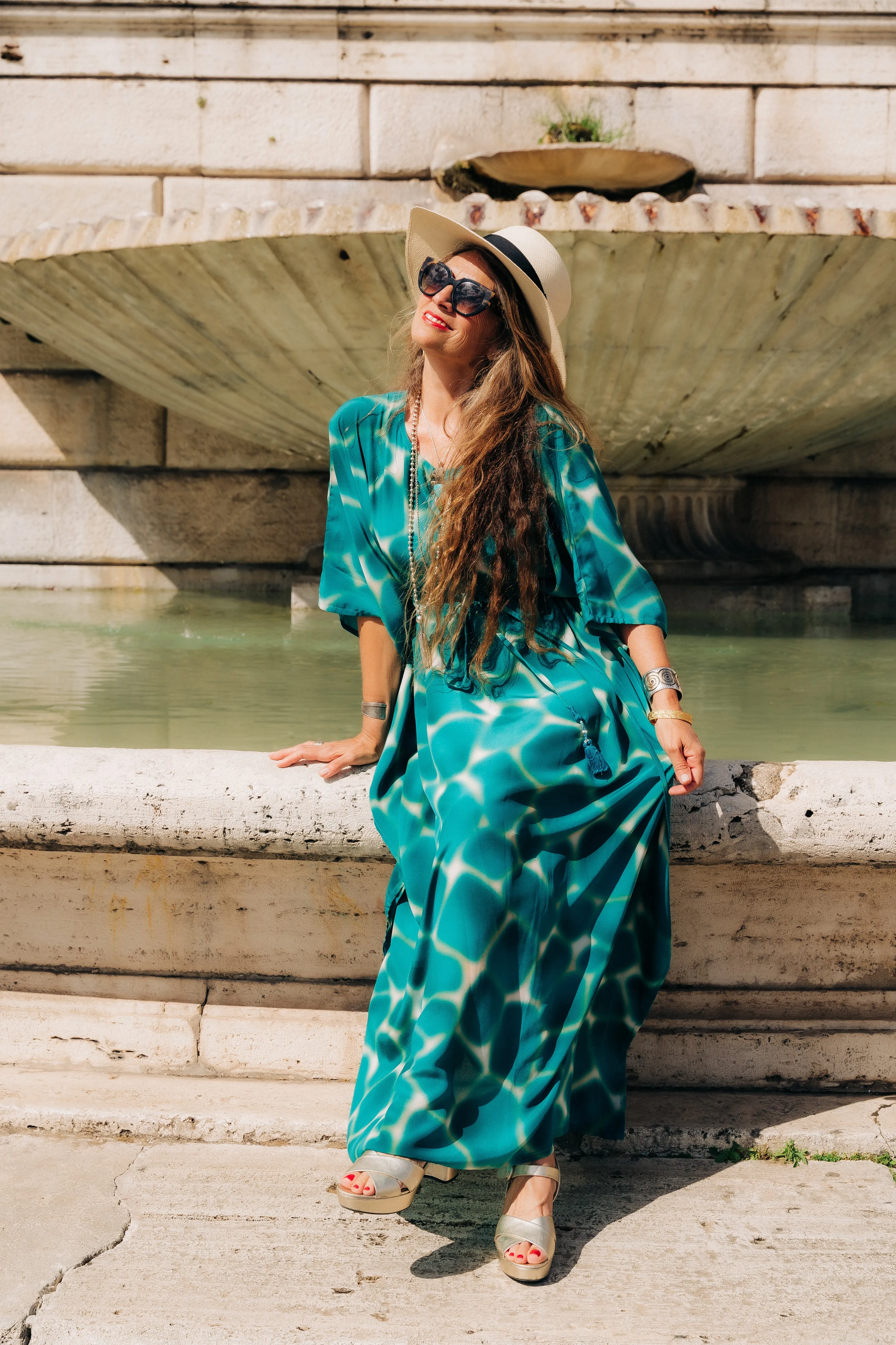 ZIRAFA GIRAFFA TEAL ITALIAN SILK MAXI KAFTAN DRESS